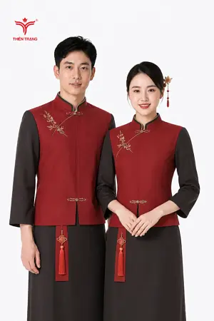 Đồng phục Áo Cổ Tàu phối Tạp dề dài Họa tiết Thêu