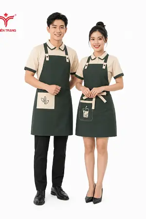 Đồng phục quán trà sữa áo polo kem phối xanh rêu