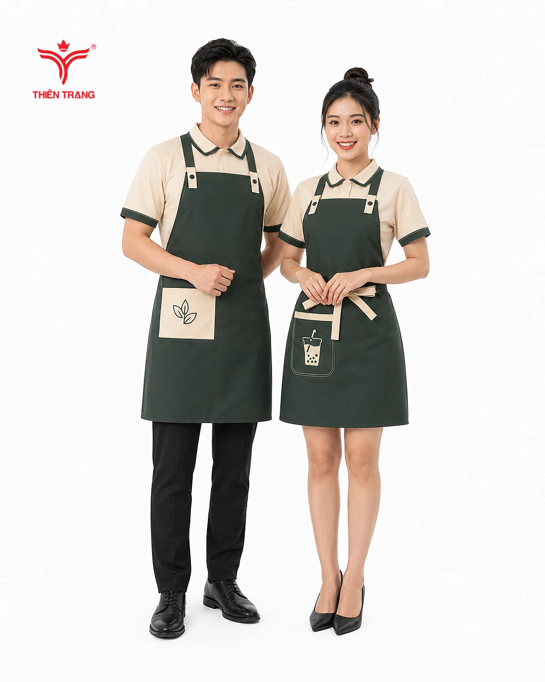 Đồng phục quán trà sữa áo polo kem phối xanh rêu