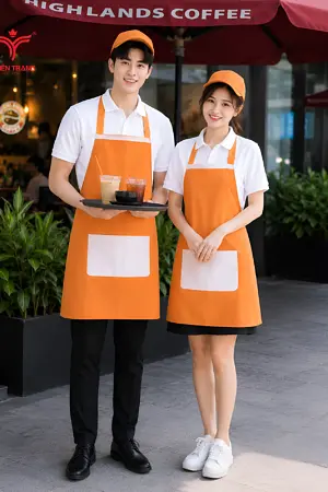 Đồng phục phục vụ quán cafe áo polo trắng tạp dề cam