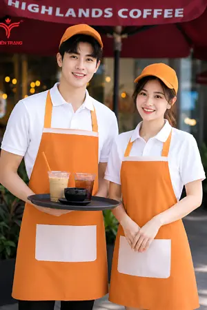 Alternative view of Đồng phục phục vụ quán cafe áo polo trắng tạp dề cam
