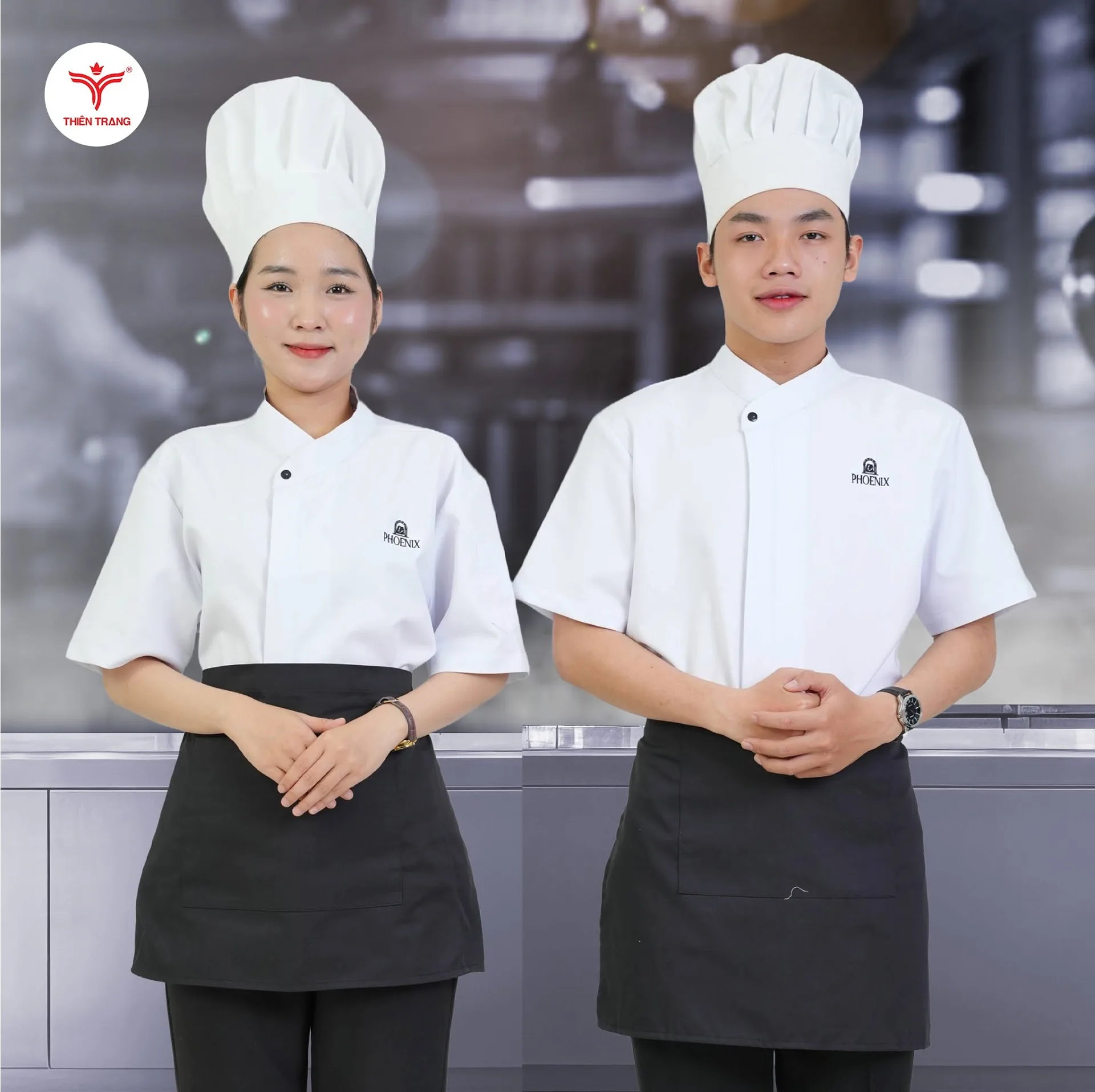 Áo bếp bánh Pastry Chef màu trắng tay ngắn kèm mũ nấm cao Phoenix