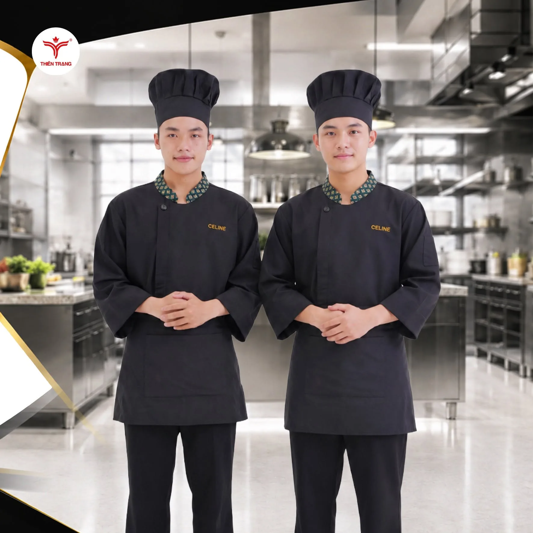 Áo bếp cổ trụ phối hoa văn dệt nổi Celine phong cách ẩm thực Fusion Á Âu