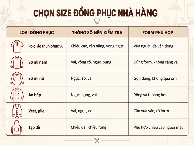 Chọn size đồng phục nhà hàng cần dựa vào những thông số nào
