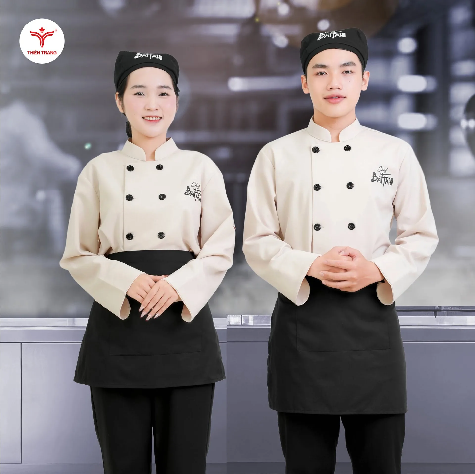 Mẫu đồng phục bếp bánh và tráng miệng màu kem cao cấp thêu logo Chef BATTAI