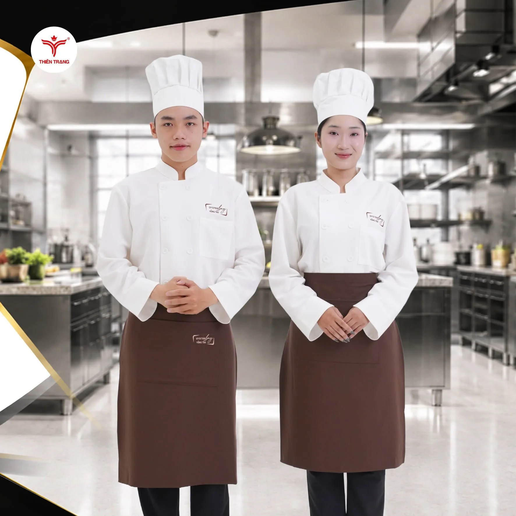 Đồng phục bếp trưởng nhà hàng sang trọng tay dài tạp dề nâu Oyster Bay Vũng Tàu
