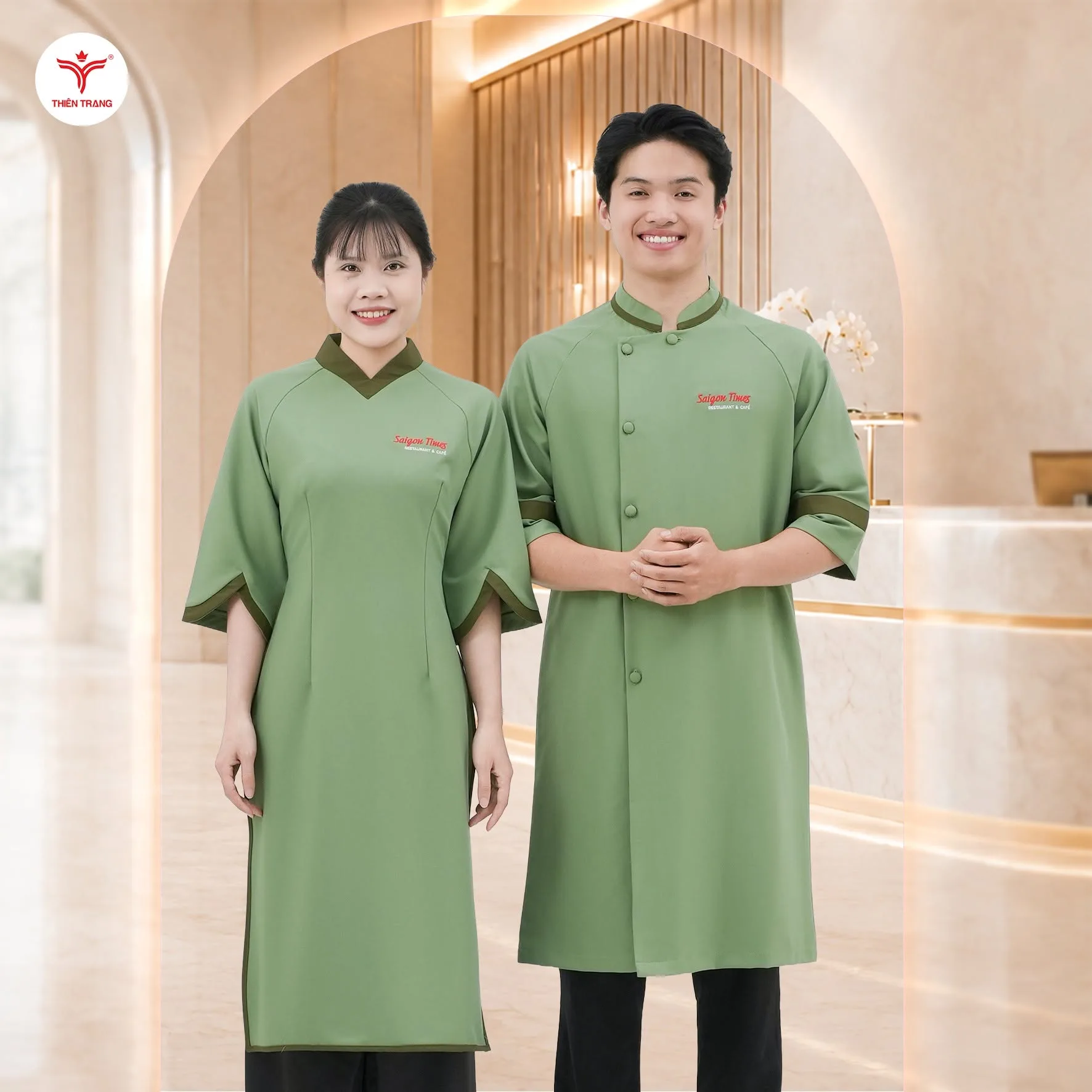 Bộ đồng phục lễ tân nhà hàng sang trọng màu xanh lá