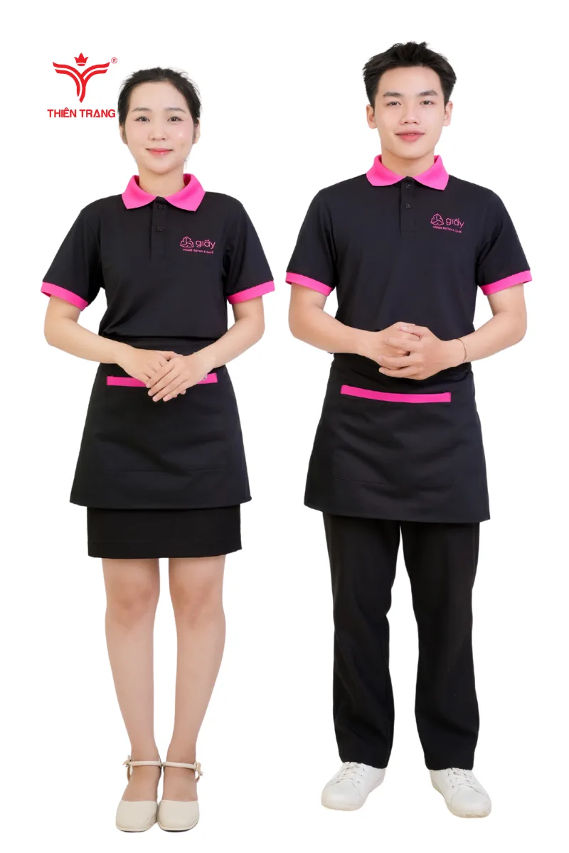 Mẫu áo polo đồng phục nhà hàng cổ bẻ bo dệt cao cấp phối màu cam đen nổi