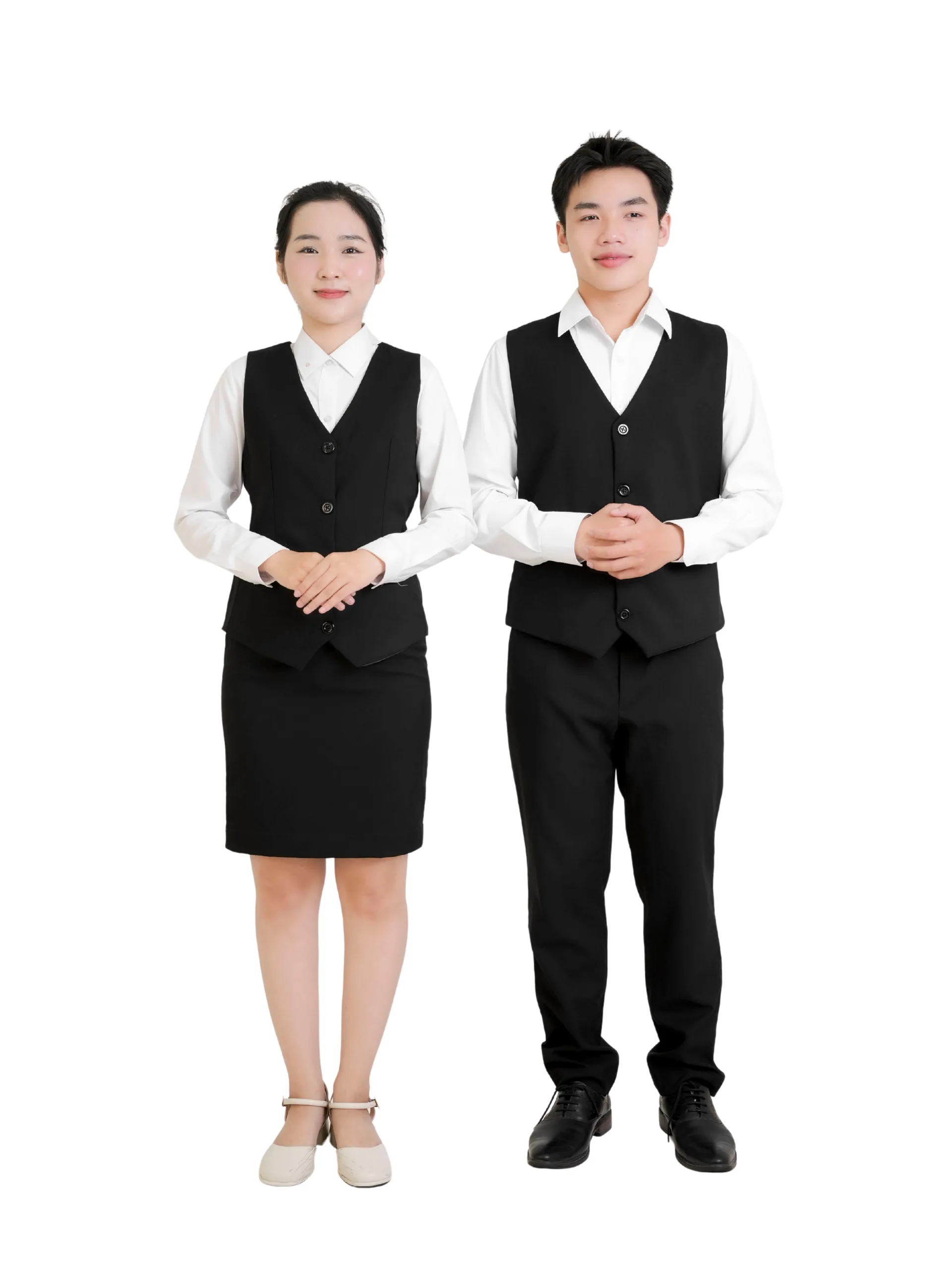 Mẫu áo sơ mi trắng kết hợp gile đen đẹp cho nhà hàng